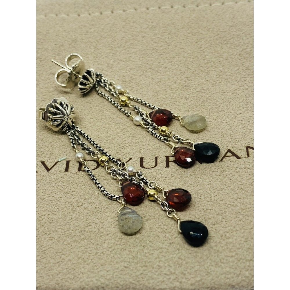 David Yurman Multi-Stone Pearl Sterling Silver Drop Earrings 18K 750 - Picture 2 of 12